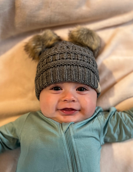 C.C Solid Ribbed Infant Natural Fur Double Pom Pom Beanie Baby Accessory Maple & Co. Boutique