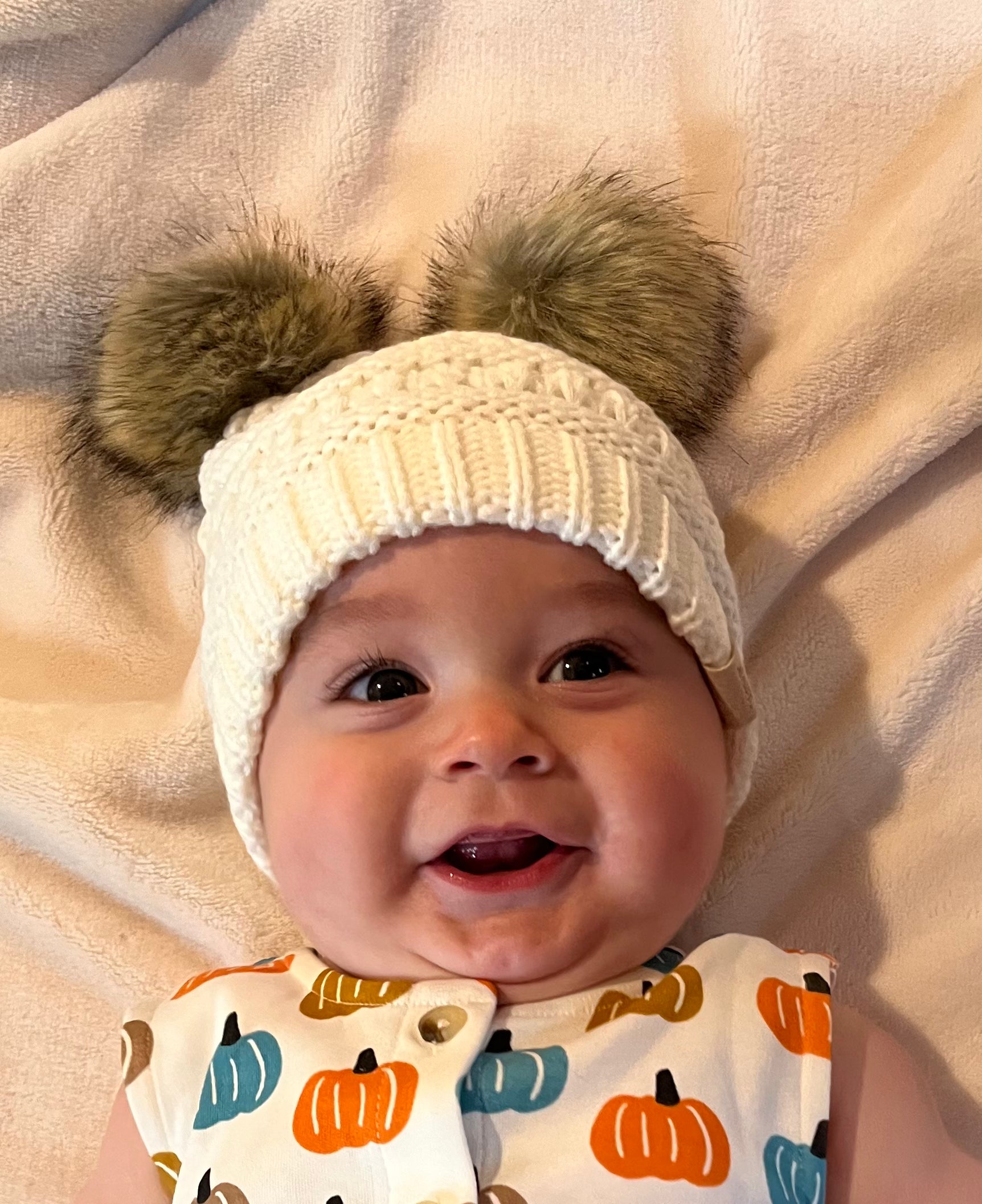 C.C Solid Ribbed Infant Natural Fur Double Pom Pom Beanie Baby Accessory Maple & Co. Boutique