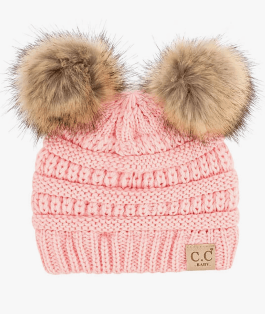 C.C Solid Ribbed Infant Natural Fur Double Pom Pom Beanie Baby Accessory Maple & Co. Boutique Pale Pink