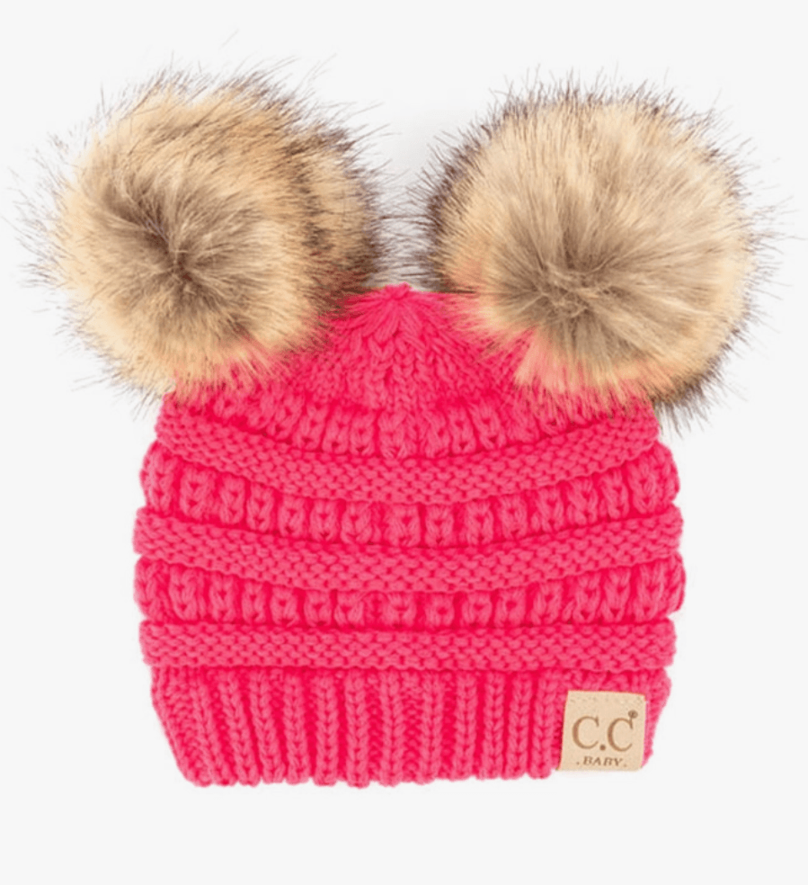 C.C Solid Ribbed Infant Natural Fur Double Pom Pom Beanie Baby Accessory Maple & Co. Boutique Candy Pink