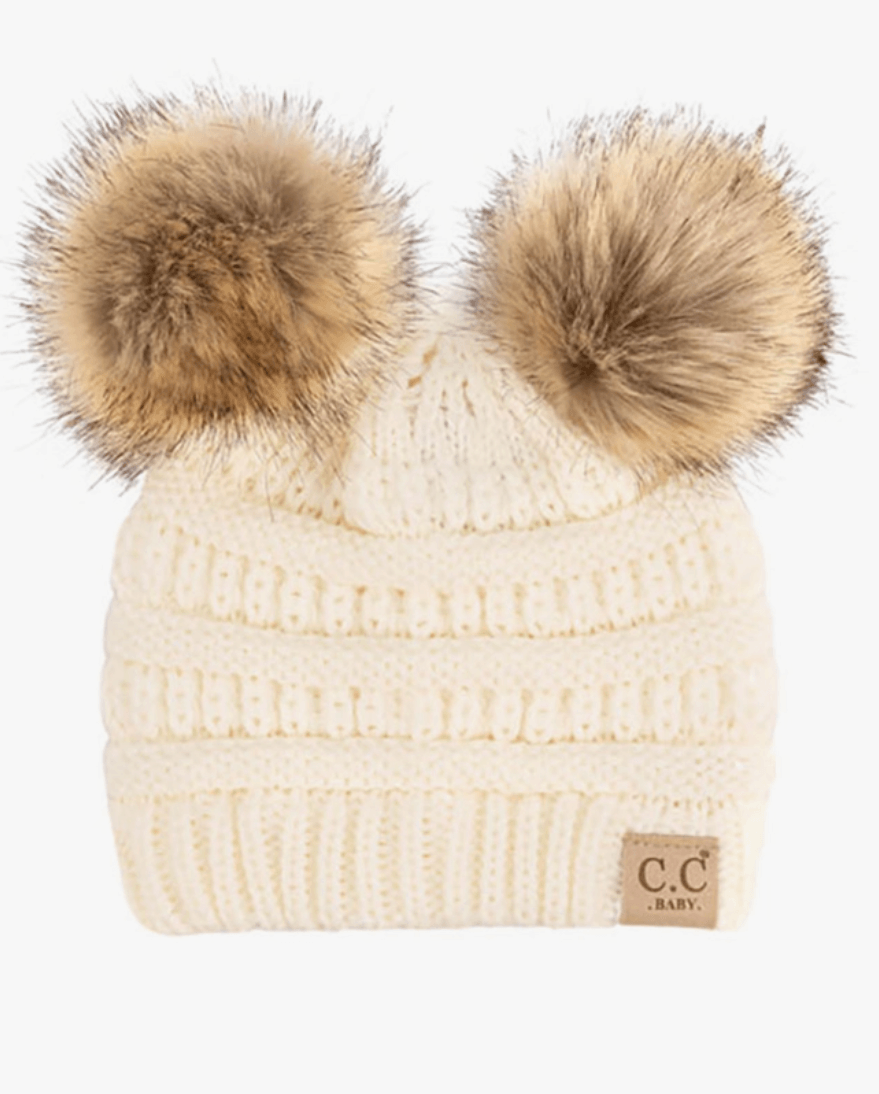 C.C Solid Ribbed Infant Natural Fur Double Pom Pom Beanie Baby Accessory Maple & Co. Boutique Ivory