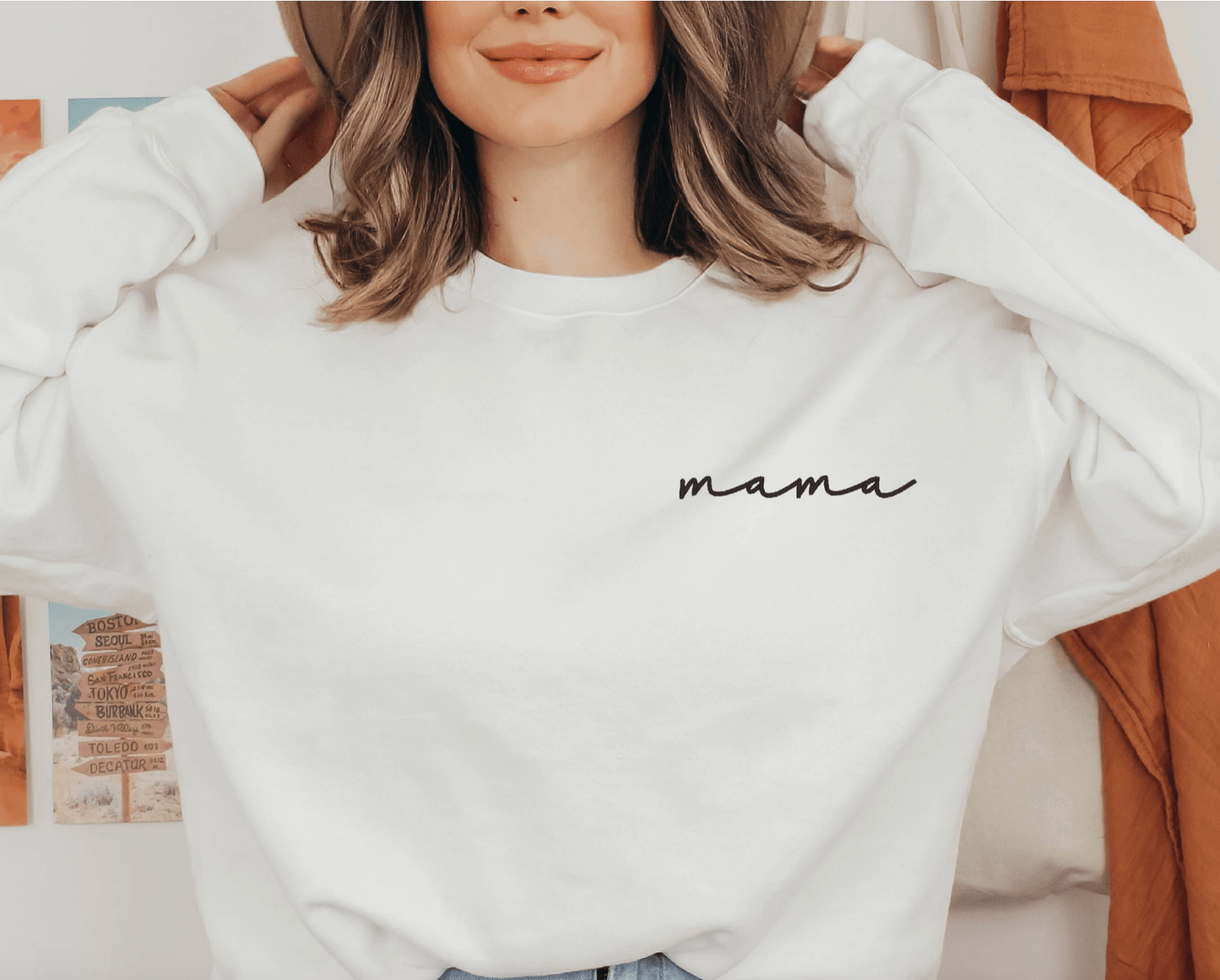 Embroidered Mama Crewneck Sweatshirt mama apparel Maple & Co. Boutique S-White