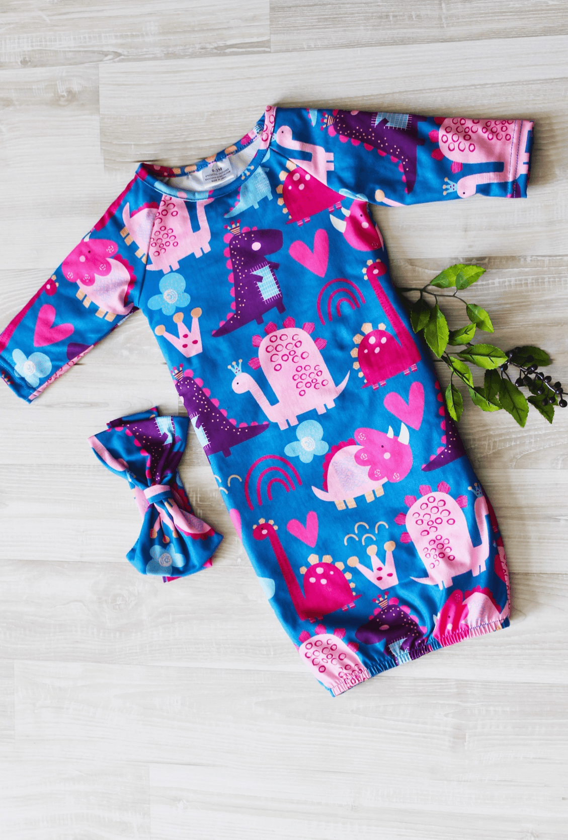 Girl Dino Baby Gown and Bow Headband Newborn Maple & Co. Boutique