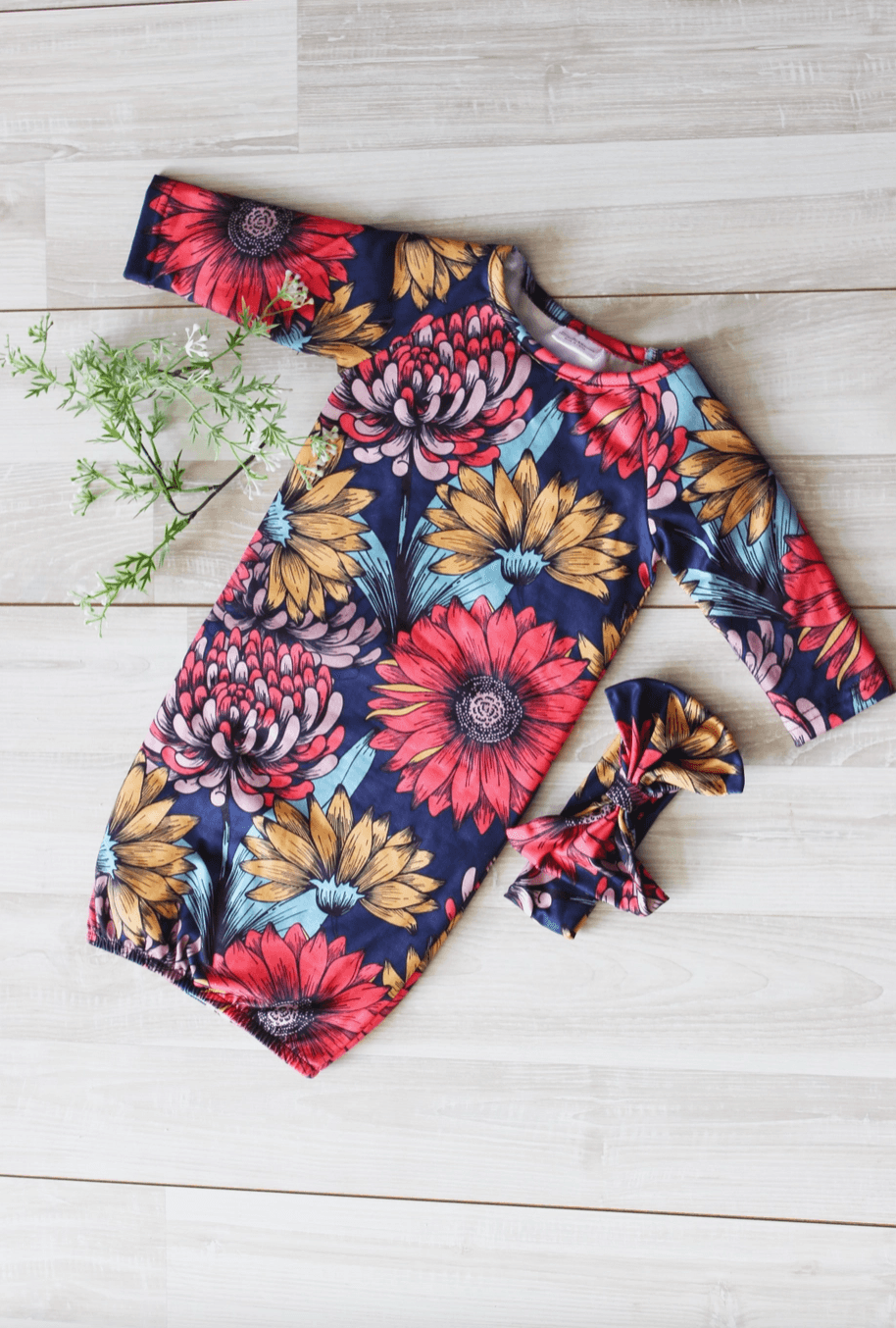 Sunflower Baby Gown and Bow Headband Newborn Maple & Co. Boutique