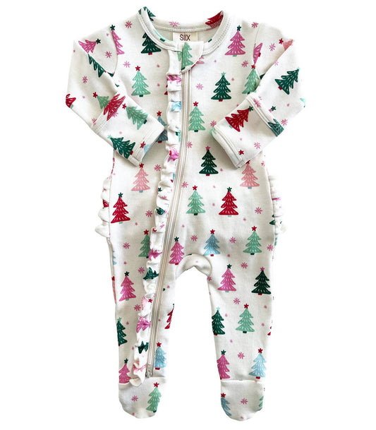 Christmas Trees Frill Zip Footie Baby Onesie Maple & Co. Boutique NB