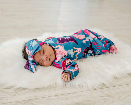 Girl Dino Baby Gown and Bow Headband Newborn Maple & Co. Boutique