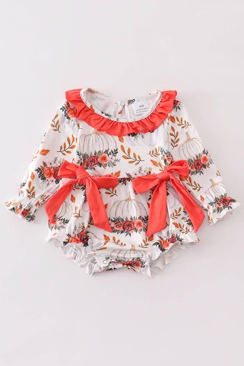 Orange Floral Print Bow Baby Romper Baby Clothes Maple & Co. Boutique 3M