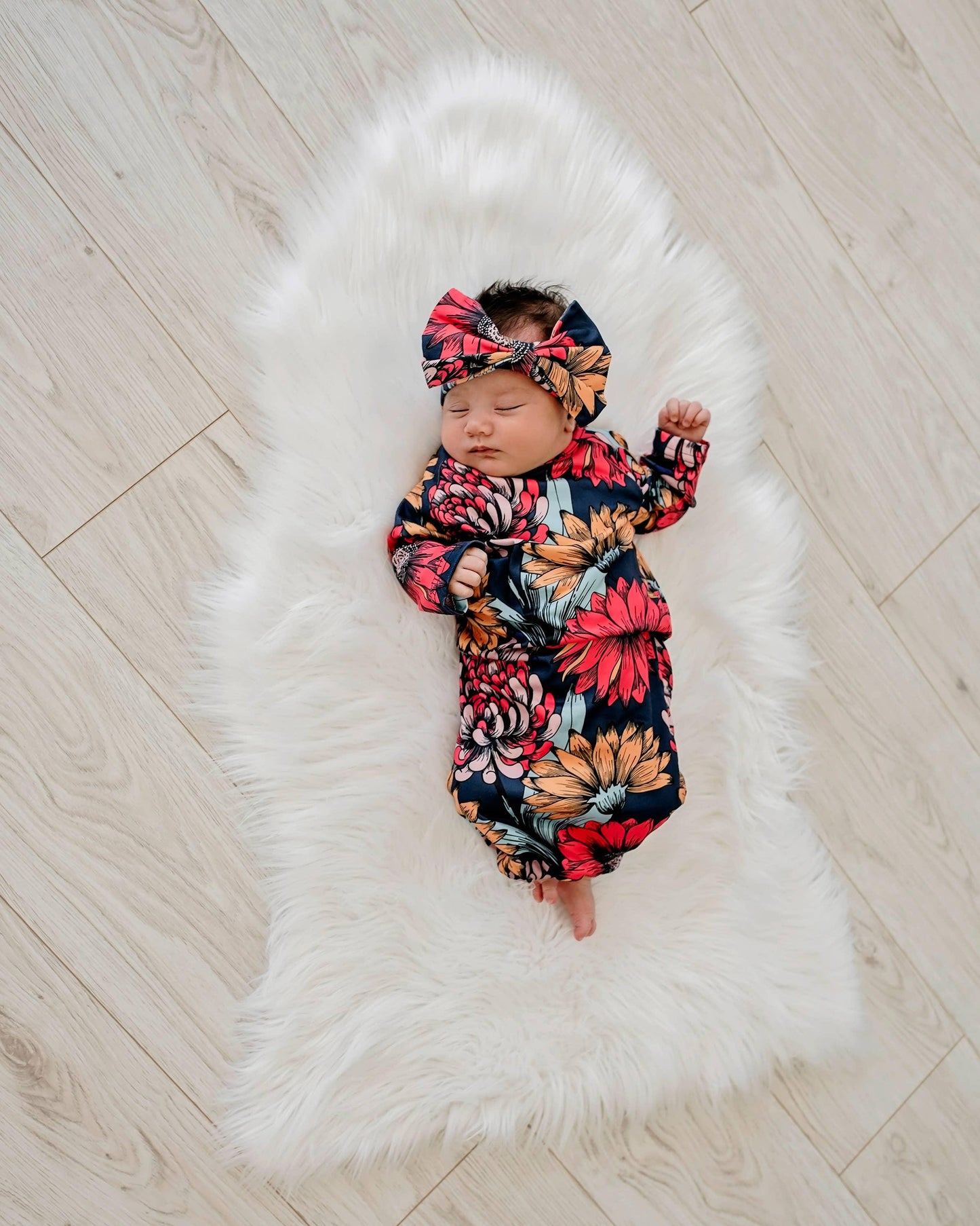 Sunflower Baby Gown and Bow Headband Newborn Maple & Co. Boutique