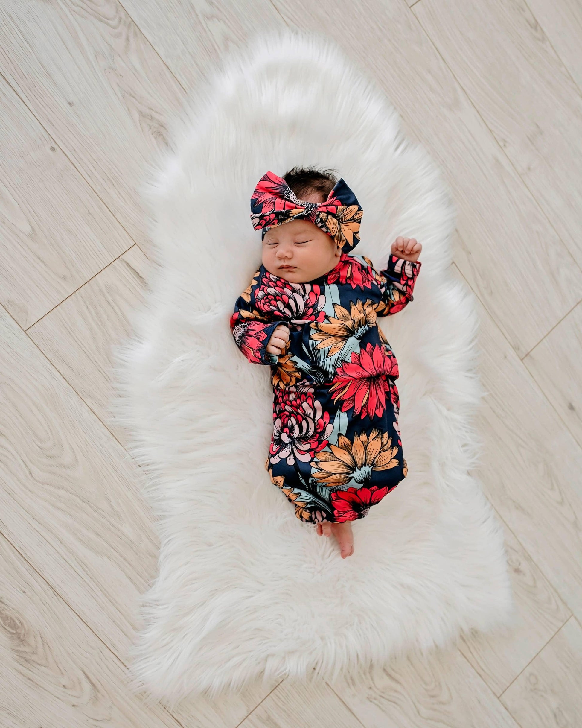Sunflower Baby Gown and Bow Headband Newborn Maple & Co. Boutique