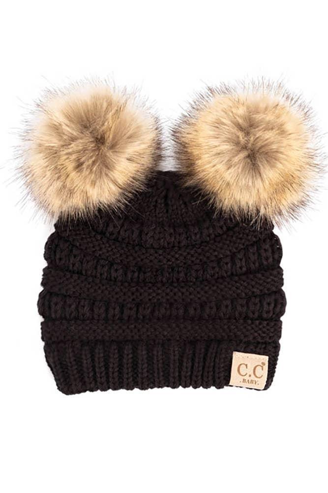 C.C Solid Ribbed Infant Natural Fur Double Pom Pom Beanie Baby Accessory Maple & Co. Boutique   