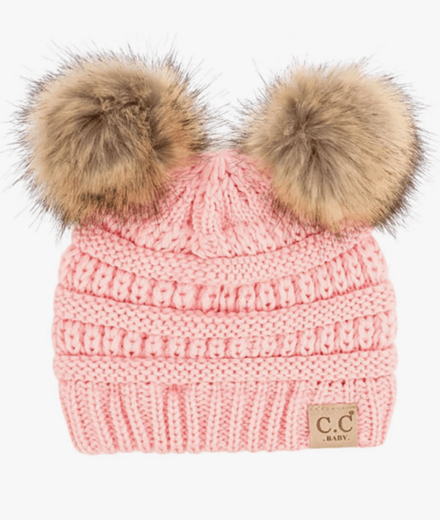 C.C Solid Ribbed Infant Natural Fur Double Pom Pom Beanie Baby Accessory Maple & Co. Boutique Pale Pink  