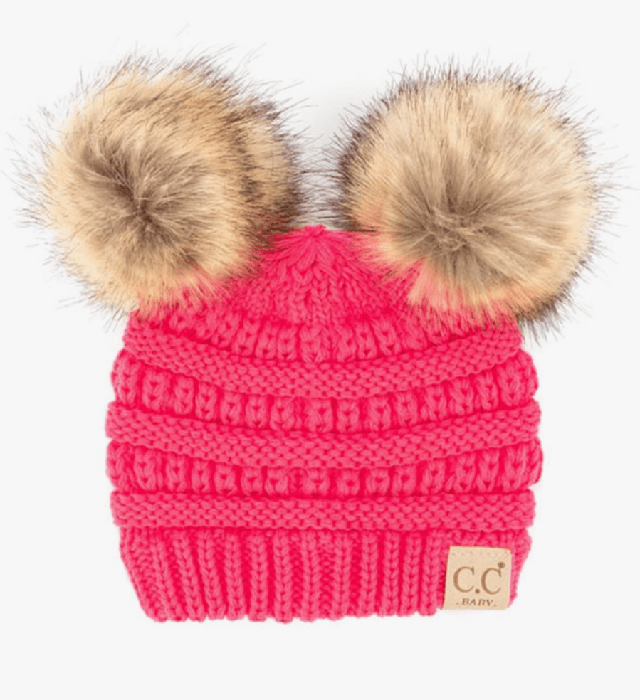 C.C Solid Ribbed Infant Natural Fur Double Pom Pom Beanie Baby Accessory Maple & Co. Boutique Candy Pink  