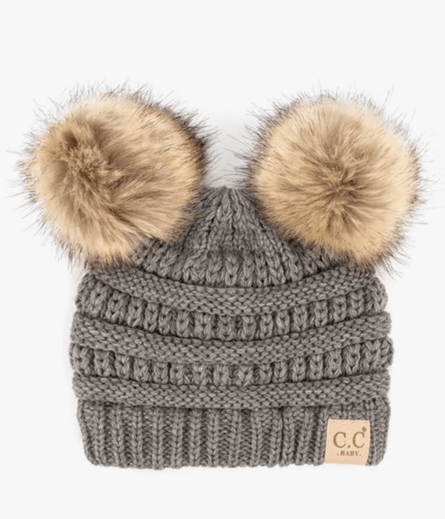 C.C Solid Ribbed Infant Natural Fur Double Pom Pom Beanie Baby Accessory Maple & Co. Boutique Light Grey  