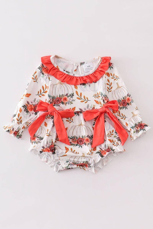 Orange Floral Print Bow Baby Romper Baby Clothes Maple & Co. Boutique 12M  